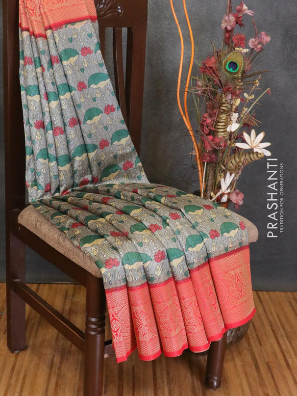 Malai silk saree grey and red with allover self emboss prints and zari woven border - {{ collection.title }} by Prashanti Sarees