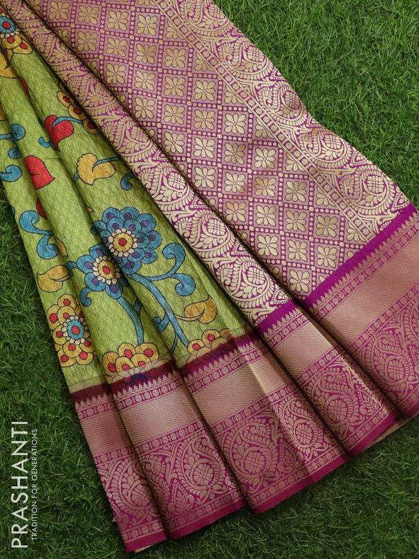 Malai silk saree light green and pink with allover self emboss floral prints and zari woven border - {{ collection.title }} by Prashanti Sarees