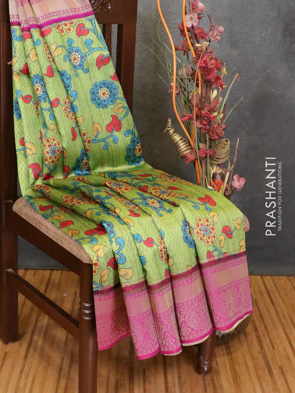 Malai silk saree light green and pink with allover self emboss floral prints and zari woven border - {{ collection.title }} by Prashanti Sarees