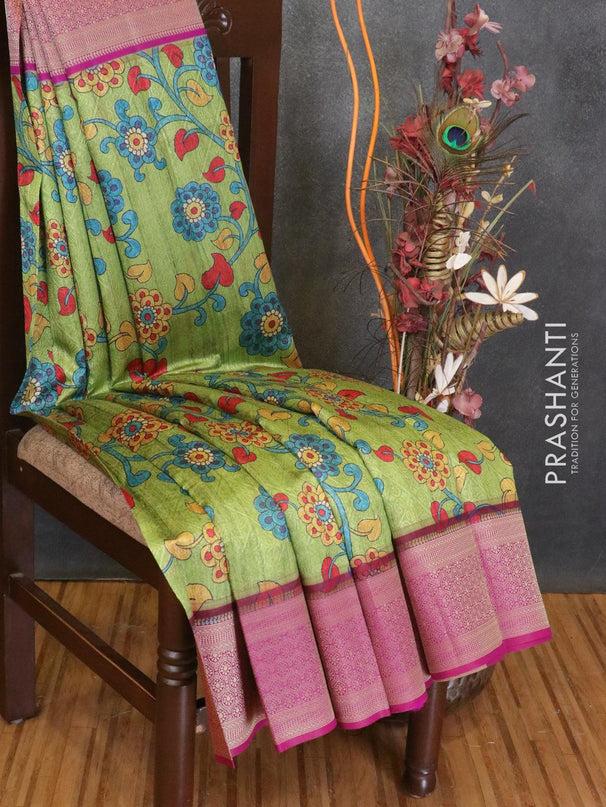 Malai silk saree light green and purple with allover self emboss floral prints and zari woven border - {{ collection.title }} by Prashanti Sarees