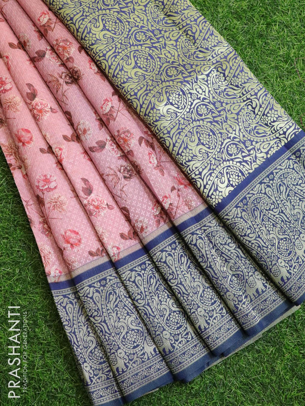 Malai silk saree light pink and blue with allover self emboss floral prints and paisley zari woven border - {{ collection.title }} by Prashanti Sarees