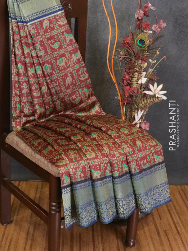 Malai silk saree maroon and blue with allover self emboss prints and zari woven floral border - {{ collection.title }} by Prashanti Sarees