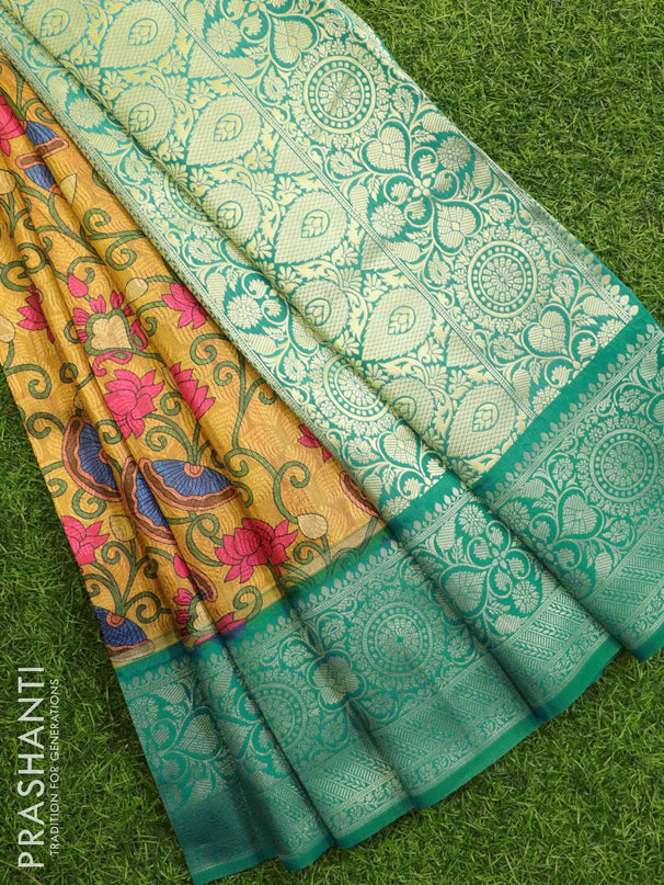 Malai silk saree mustard and blue with allover self emboss & floral prints and zari woven border - {{ collection.title }} by Prashanti Sarees