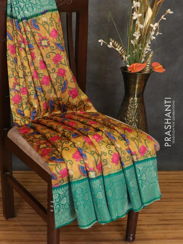 Malai silk saree mustard and blue with allover self emboss & floral prints and zari woven border - {{ collection.title }} by Prashanti Sarees