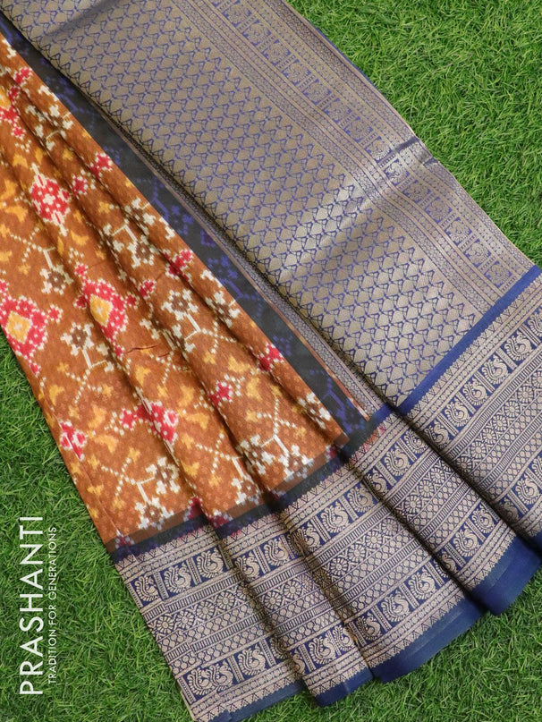 Malai silk saree mustard shade and blue with allover self emboss ikat prints and zari woven border - {{ collection.title }} by Prashanti Sarees