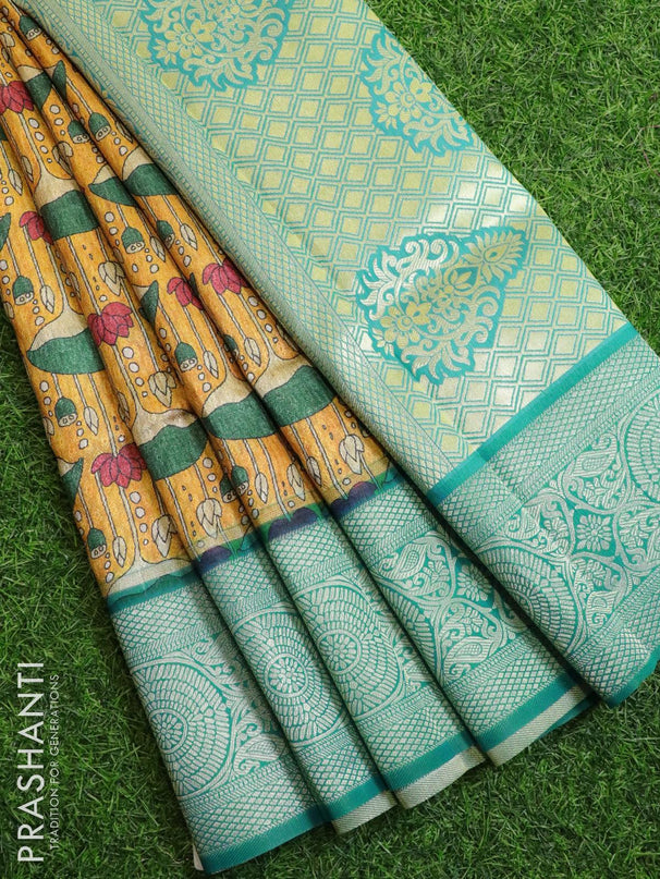 Malai silk saree mustard yellow and blue shade with allover self emboss prints and zari woven border - {{ collection.title }} by Prashanti Sarees