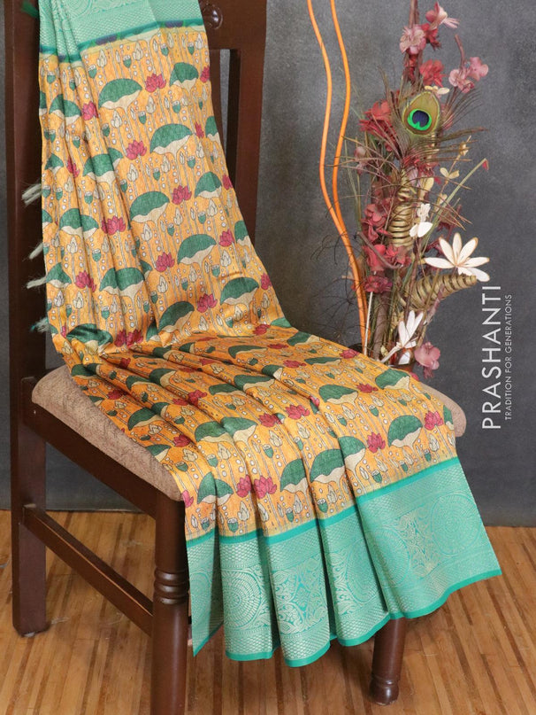 Malai silk saree mustard yellow and blue shade with allover self emboss prints and zari woven border - {{ collection.title }} by Prashanti Sarees