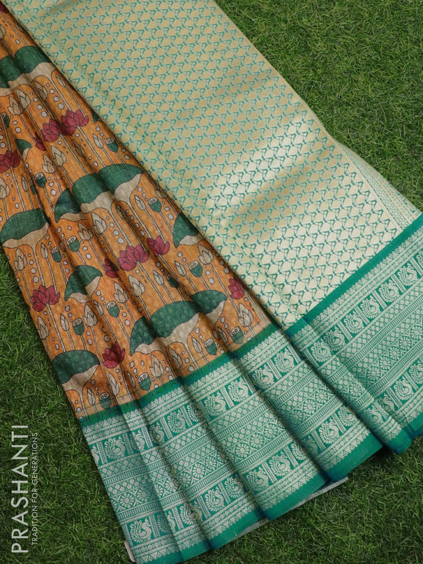 Malai silk saree mustard yellow and blue with allover self emboss floral prints and zari woven border - {{ collection.title }} by Prashanti Sarees