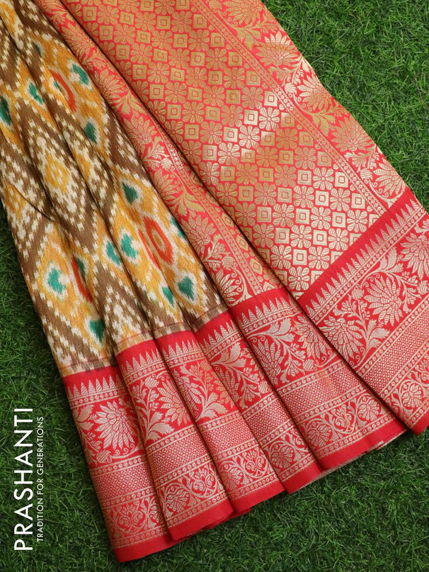 Malai silk saree mustard yellow and red with allover self emboss ikat prints and floral zari woven border - {{ collection.title }} by Prashanti Sarees