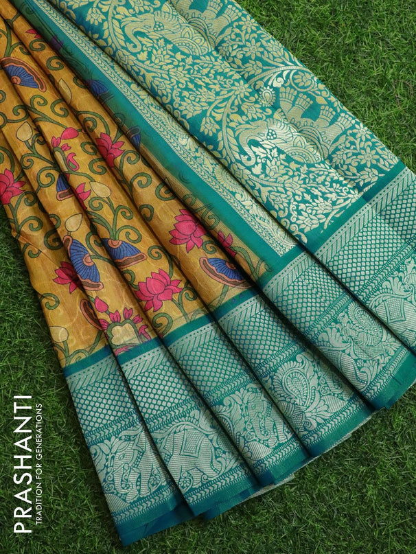 Malai silk saree mustard yellow and teal blue with allover self emboss floral prints and zari woven border - {{ collection.title }} by Prashanti Sarees