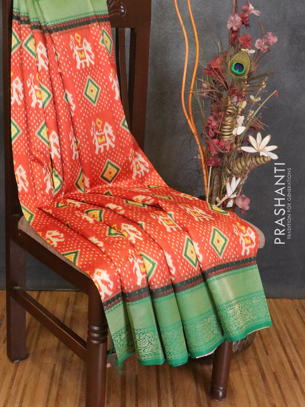 Malai silk saree orange and green with allover self emboss ikat prints and zari woven border - {{ collection.title }} by Prashanti Sarees