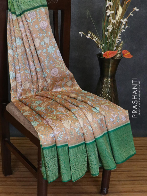 Malai silk saree pastel brown and green with allover self emboss & floral prints and zari woven border - {{ collection.title }} by Prashanti Sarees