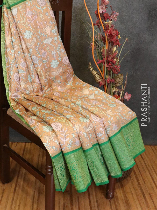 Malai silk saree pastel brown and green with allover self emboss floral prints and zari woven border - {{ collection.title }} by Prashanti Sarees