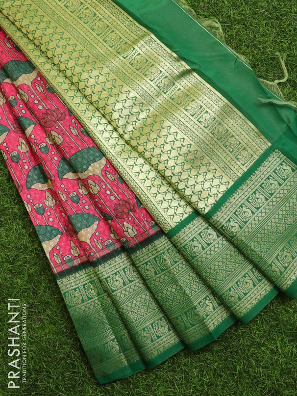 Malai silk saree pink and green with allover self emboss & floral prints and zari woven border - {{ collection.title }} by Prashanti Sarees