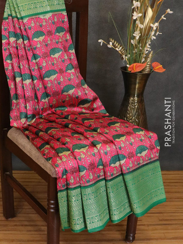 Malai silk saree pink and green with allover self emboss & floral prints and zari woven border - {{ collection.title }} by Prashanti Sarees