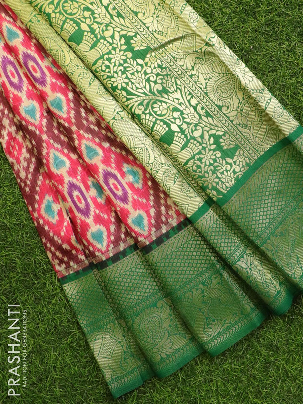 Malai silk saree pink and green with allover self emboss & prints and zari woven border - {{ collection.title }} by Prashanti Sarees