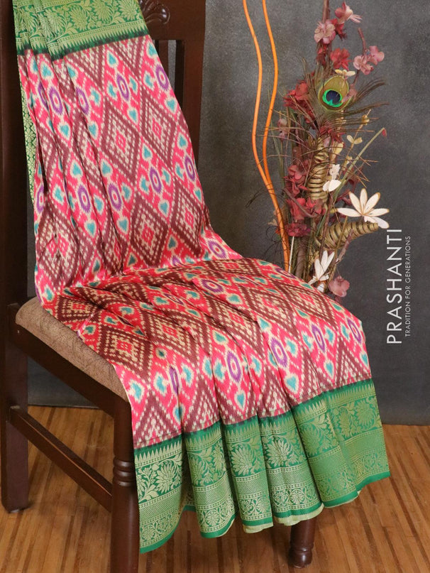 Malai silk saree pink and green with allover self emboss ikat prints and floral zari woven border - {{ collection.title }} by Prashanti Sarees