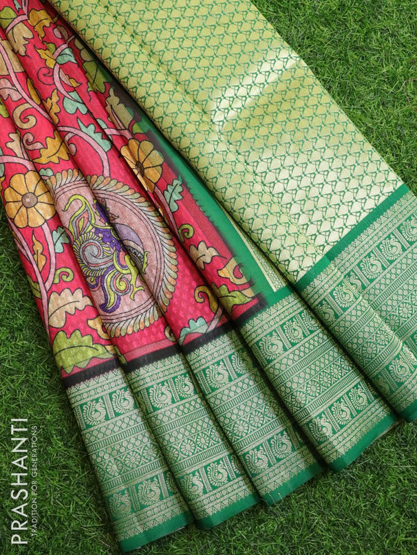 Malai silk saree pink and green with allover self emboss kalamkari prints and zari woven border - {{ collection.title }} by Prashanti Sarees