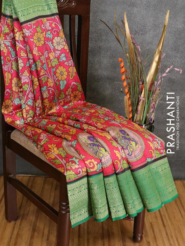 Malai silk saree pink and green with allover self emboss kalamkari prints and zari woven border - {{ collection.title }} by Prashanti Sarees