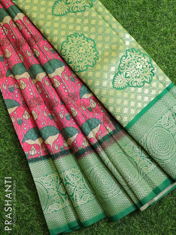 Malai silk saree pink and green with allover self emboss prints and zari woven border - {{ collection.title }} by Prashanti Sarees