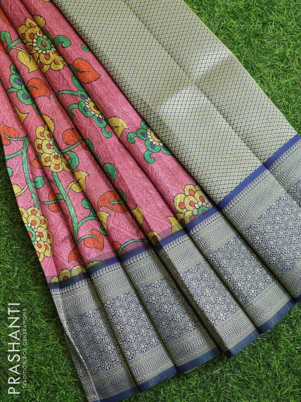 Malai silk saree pink shade and blue shade with allover self emboss floral prints and zari woven border - {{ collection.title }} by Prashanti Sarees