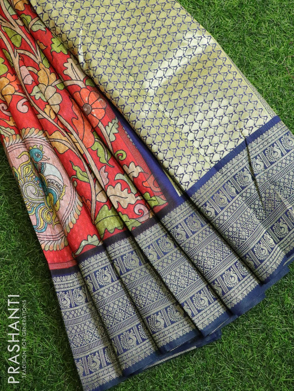 Malai silk saree red and blue with allover self emboss kalamkari prints and zari woven border - {{ collection.title }} by Prashanti Sarees