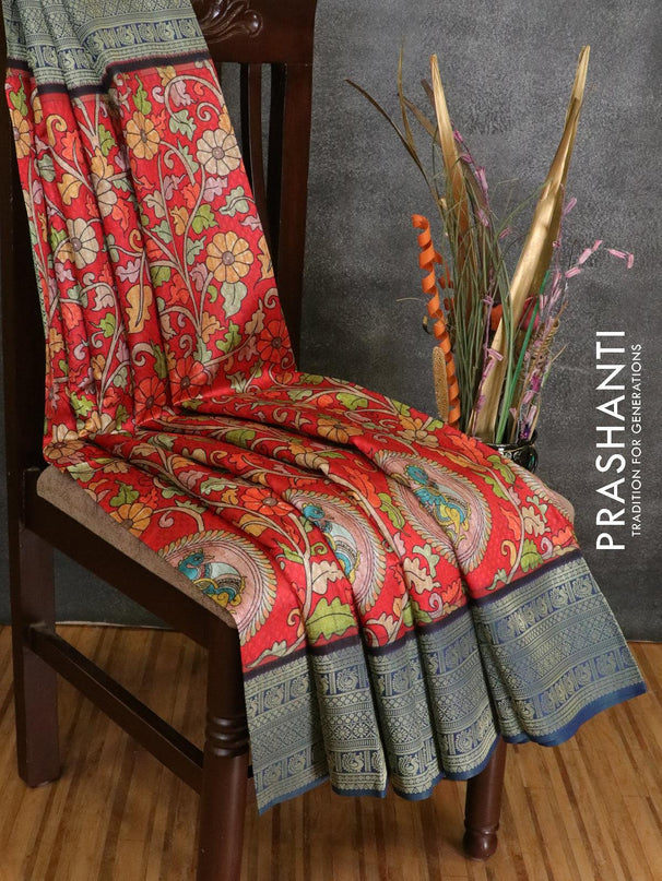 Malai silk saree red and blue with allover self emboss kalamkari prints and zari woven border - {{ collection.title }} by Prashanti Sarees