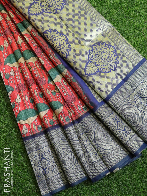 Malai silk saree red and blue with allover self emboss prints and zari woven border - {{ collection.title }} by Prashanti Sarees