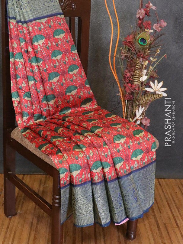 Malai silk saree red and blue with allover self emboss prints and zari woven border - {{ collection.title }} by Prashanti Sarees