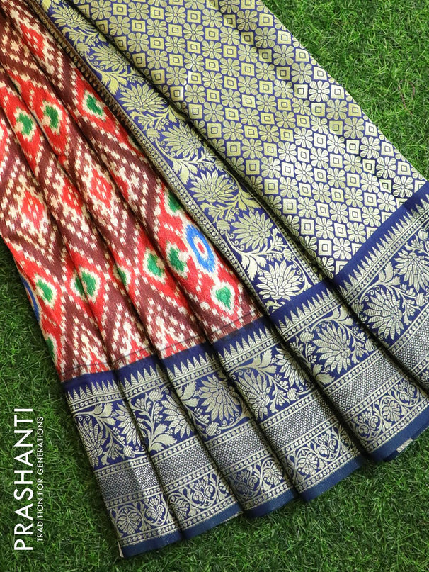 Malai silk saree red and peacock blue with allover self emboss ikat prints and floral zari woven border - {{ collection.title }} by Prashanti Sarees