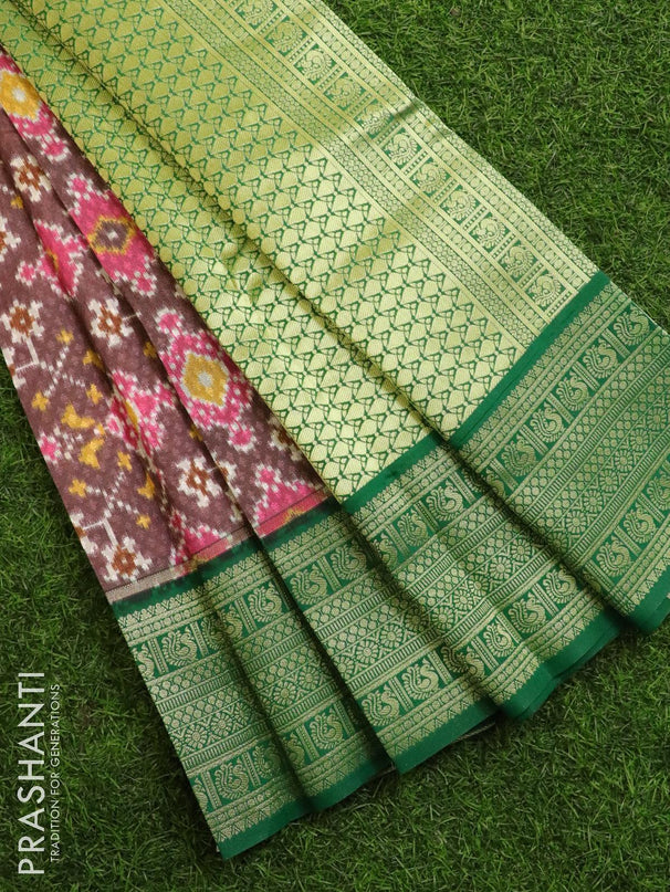 Malai silk saree rosy brown and green with allover self emboss & prints and zari woven border - {{ collection.title }} by Prashanti Sarees