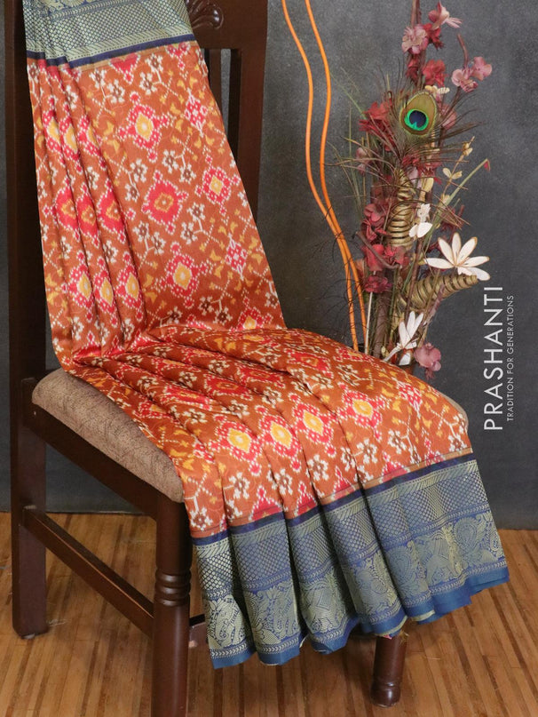 Malai silk saree rust and blue with allover self emboss ikat prints and zari woven border - {{ collection.title }} by Prashanti Sarees