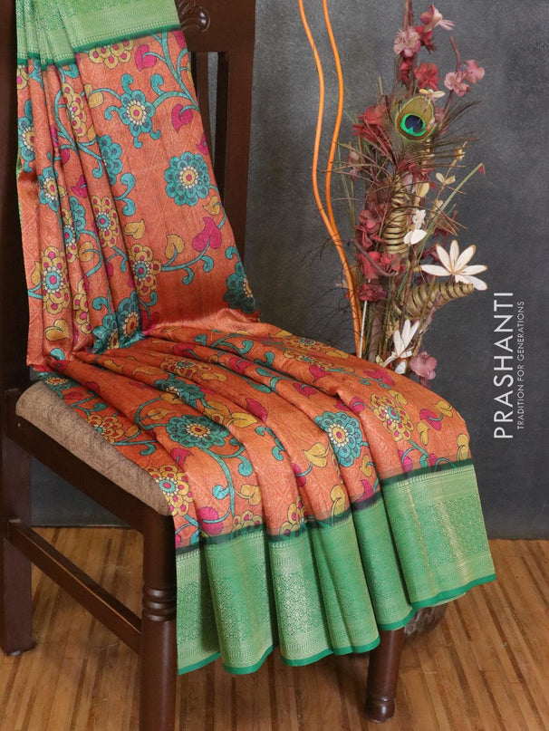 Malai silk saree rust shade and green with allover self emboss floral prints and zari woven border - {{ collection.title }} by Prashanti Sarees