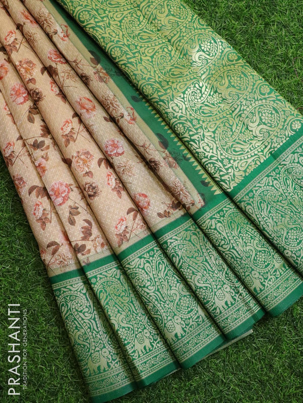 Malai silk saree sandal and green with allover self emboss floral prints and paisley zari woven border - {{ collection.title }} by Prashanti Sarees