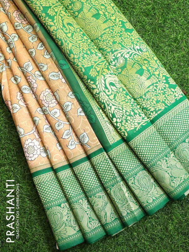 Malai silk saree sandal and green with allover self emboss floral prints and zari woven border - {{ collection.title }} by Prashanti Sarees