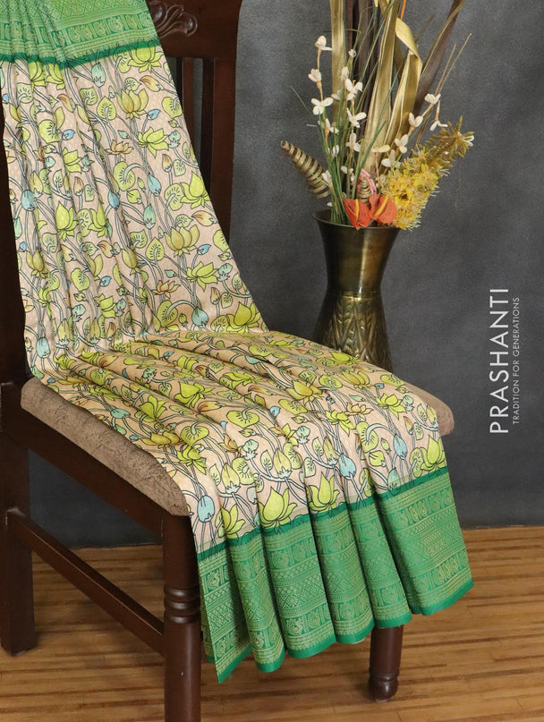 Malai silk saree sandal and green with allover self emboss floral prints and zari woven border - {{ collection.title }} by Prashanti Sarees