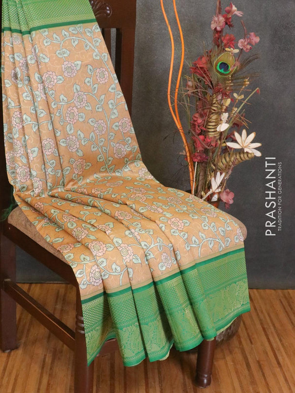 Malai silk saree sandal and green with allover self emboss floral prints and zari woven border - {{ collection.title }} by Prashanti Sarees