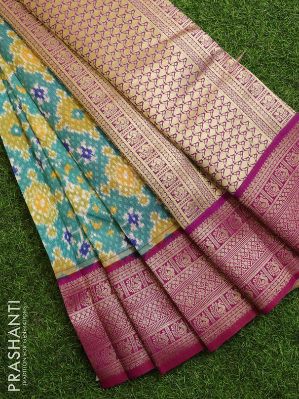 Malai silk saree teal blue and magenta with allover self emboss & prints and zari woven border - {{ collection.title }} by Prashanti Sarees