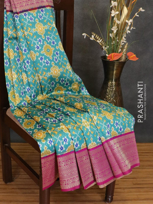 Malai silk saree teal blue and magenta with allover self emboss & prints and zari woven border - {{ collection.title }} by Prashanti Sarees