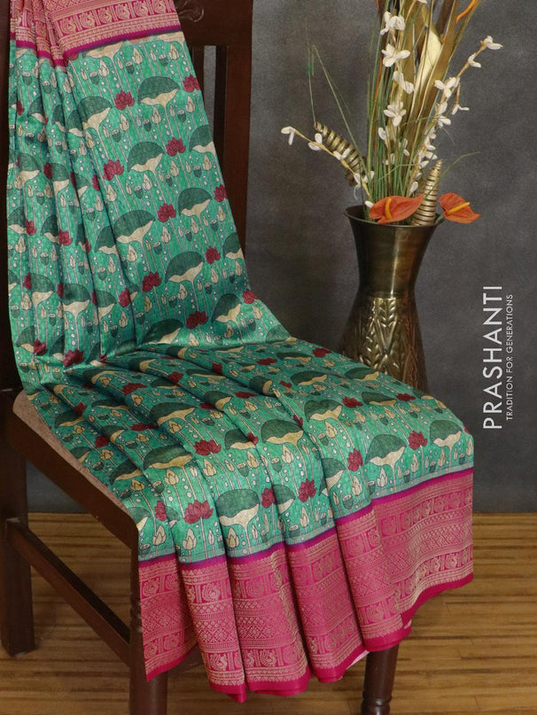 Malai silk saree teal blue and pink with allover self emboss & floral prints and zari woven border - {{ collection.title }} by Prashanti Sarees