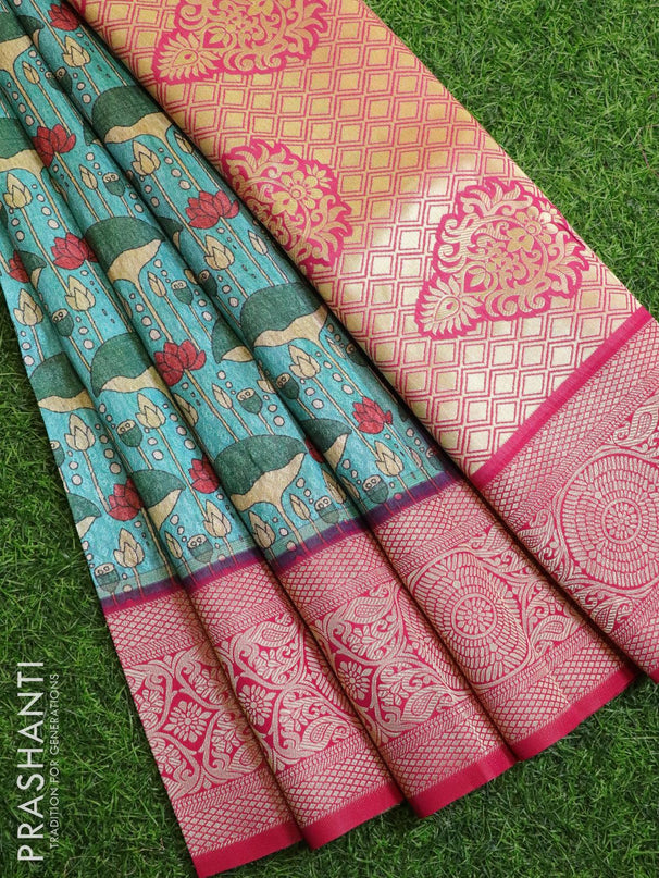 Malai silk saree teal blue and pink with allover self emboss prints and zari woven border - {{ collection.title }} by Prashanti Sarees