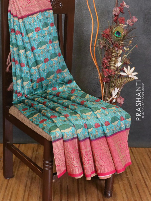 Malai silk saree teal blue and pink with allover self emboss prints and zari woven border - {{ collection.title }} by Prashanti Sarees