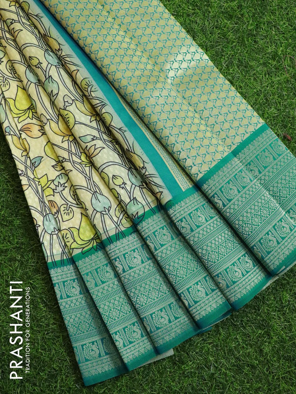 Malai silk saree yellow shade and blue shade with allover self emboss floral prints and zari woven border - {{ collection.title }} by Prashanti Sarees