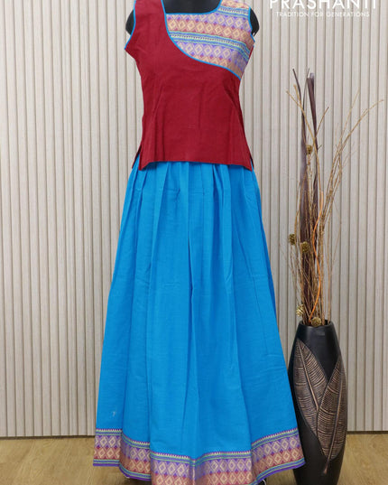 Mangalagiri cotton kids lehanga maroon and blue with patch work neck pattern and thread woven border for 13 years - sleeve attached - {{ collection.title }} by Prashanti Sarees