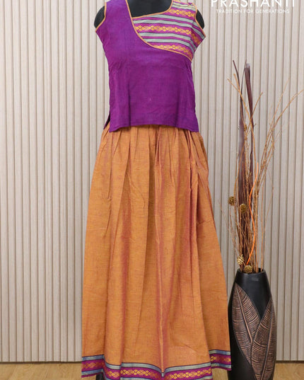 Mangalagiri cotton kids lehanga purple and dual shade of mustard with patch work neck pattern and thread woven border for 12 years - sleeve attached - {{ collection.title }} by Prashanti Sarees