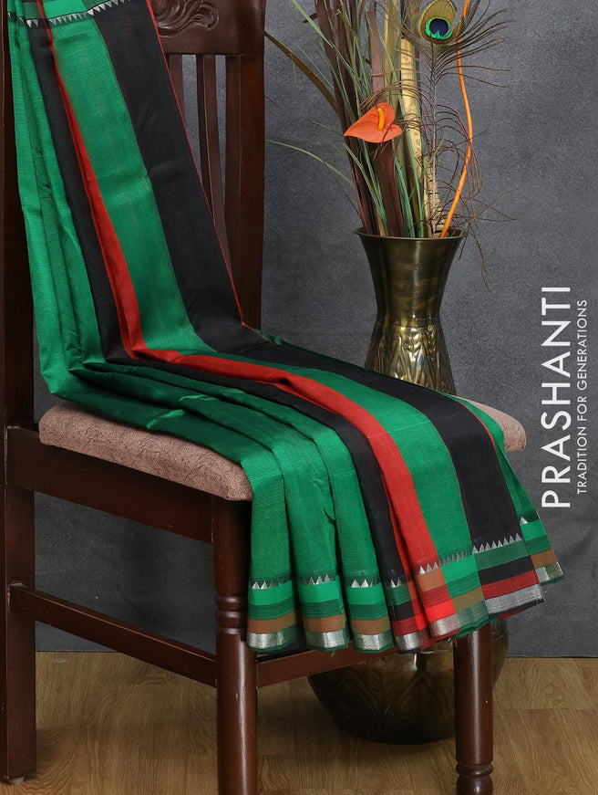 Mangalgiri silk cotton saree green with plain body and silver zari woven simple border - {{ collection.title }} by Prashanti Sarees