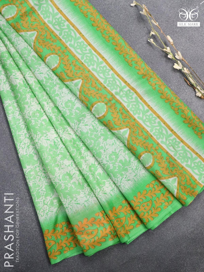 Printed silk saree off white and green shade with allover prints and printed border - {{ collection.title }} by Prashanti Sarees