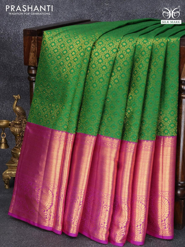 Pure kanjivaram silk saree green and pink with allover zari woven brocade weaves and long rich annam design zari woven border - {{ collection.title }} by Prashanti Sarees