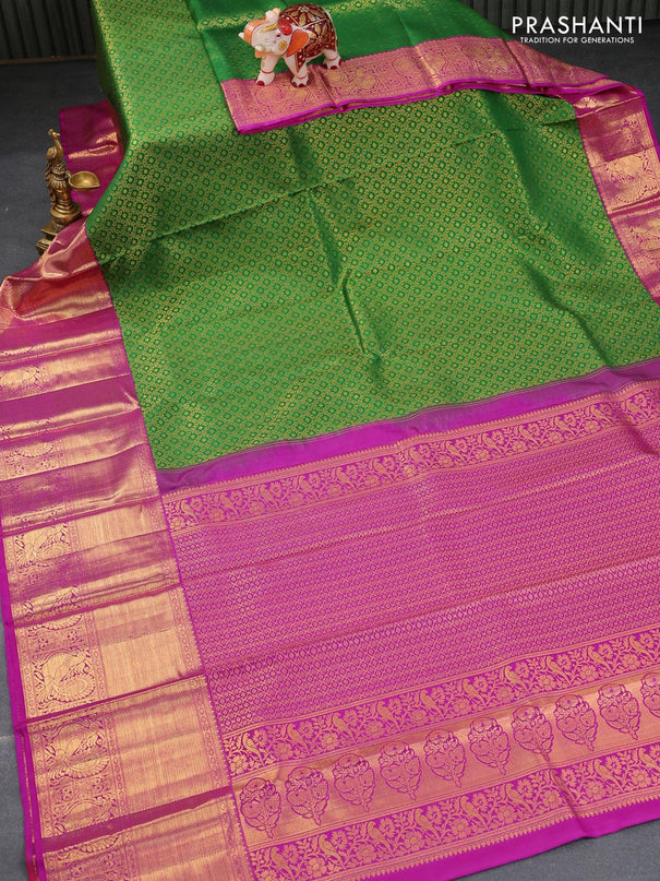 Pure kanjivaram silk saree green and pink with allover zari woven brocade weaves and long rich annam design zari woven border - {{ collection.title }} by Prashanti Sarees