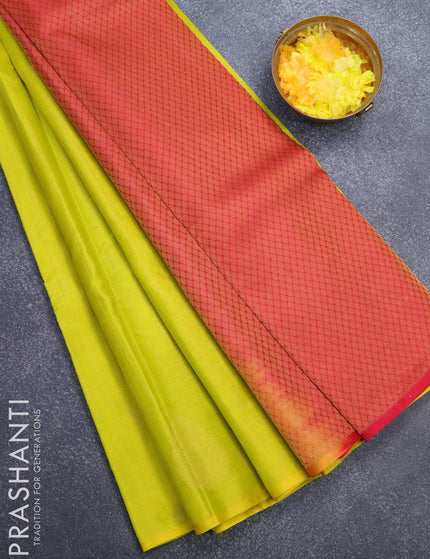 Pure kanjivaram silk saree lime yellow and dual shade of pink with allover zari weaves in borderless style - {{ collection.title }} by Prashanti Sarees